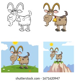 Grumpy Goat Cartoon Mascot Character. Set Vector Collection