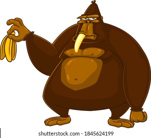 Grumpy Gorilla Cartoon Character Is Holding A Banana. Vector Illustration Isolated On White Background