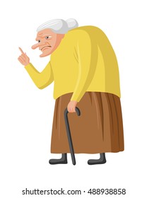 Grumpy Granny With Cane. Old Lady Wagging Her Finger. Vector Illustration, Isolated On White