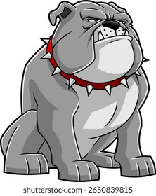 Caráter De Cartoon Cinzento Grumpy Bulldog Sentado Com Colarinho Espiked - Ilustração Desenhada À Mão Vetor Isolada No Fundo Transparente