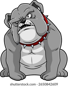 Grumpy Gray Bulldog Cartoon Character Sitting With Angry Face – Vector Hand Drawn Illustration Isolated On Transparent Background