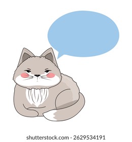 Grumpy gray cat with pink cheeks, sitting, blue speech bubble, cartoon style, isolated on white background