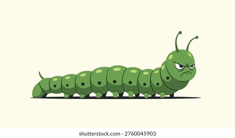 Grumpy green caterpillar with dark spots and a mean expression crawling along the ground against a pale yellow background.