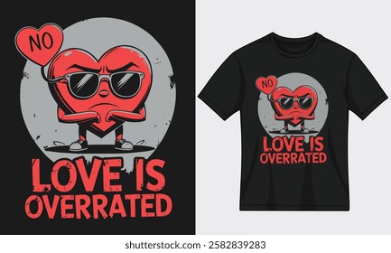 Grumpy heart cartoon with sunglasses and a defiant 'No Love' sign. Features bold grunge text 'Love is Overrated'—ideal for anti-Valentine, funny, and edgy artwork.