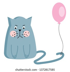 A grumpy light blue cat with pink cheeks and a pink balloon attached to the tail vector color drawing or illustration 