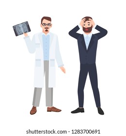 Grumpy male physician or radiologist demonstrating X-ray of rib cage to scared patient and informing him about his diagnosis. Medical consultation and diagnostics. Flat cartoon vector illustration.