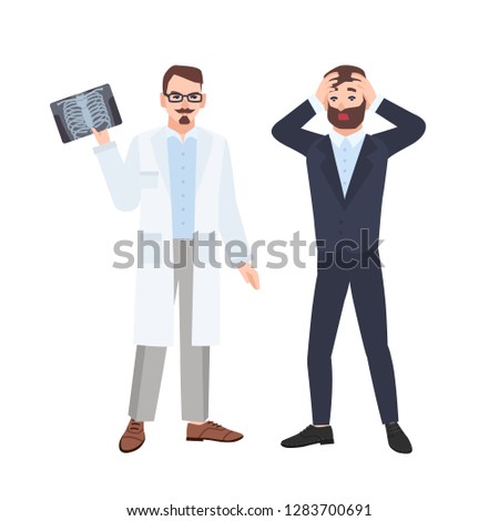 Grumpy male physician or radiologist demonstrating X-ray of rib cage to scared patient and informing him about his diagnosis. Medical consultation and diagnostics. Flat cartoon vector illustration.
