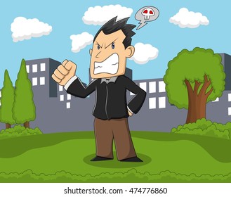 Grumpy man standing in the park with city background cartoon vector illustration