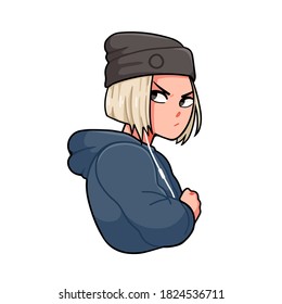 Grumpy modern anime girl with earphones vector illustration in cartoon style. Portrait of sad hipster manga teenager isolated on white. Kawaii female teen posing with angry face expression