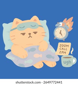 Grumpy Office Cat Forced to Wake Up for Zoom Meeting with Coffee 
A hilarious meme-style illustration of a grumpy cat reluctantly waking up for an early morning Zoom meeting. The cat looks tired