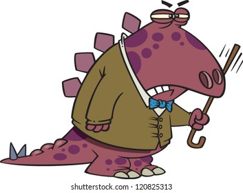 grumpy old cartoon dinosaur wearing a sweater and holding a cane