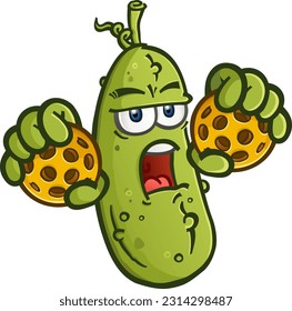 A grumpy old pickle cartoon character holding a couple pickleballs in his fists and ready to start some trouble on the court vector illustration