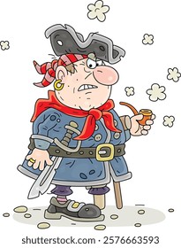 Grumpy one-legged pirate with a cocked hat, a wooden crutch and a sharp serrated saber smoking his old tobacco-pipe, vector cartoon illustration on a white background