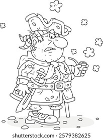 Grumpy one-legged pirate with a cocked hat, a wooden crutch and a sharp serrated saber smoking his old tobacco-pipe, black and white vector cartoon illustration for a coloring book