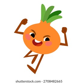 Personagem de cebola ranzinza celebrando a vitória com os braços levantados. Ilustração de vetor plano de caractere em execução isolado no plano de fundo branco. Engraçado vegetal esportivo para crianças jogos ou projetos de alimentos.