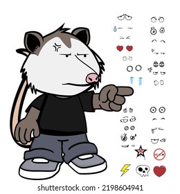 grumpy opossum character cartoon kawaii expressions set pack in vector format