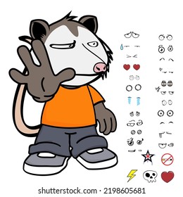 grumpy opossum character cartoon kawaii expressions set pack in vector format