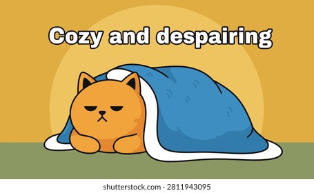 Grumpy orange cartoon cat wrapped snugly in a cozy blue blanket with humorous text cozy and despairing above.