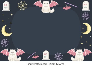 Grumpy pastel goth Halloween gargoyle Persian cat and tombstones forming a decorative frame layout with empty center text space.