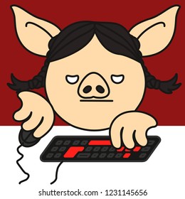 grumpy pc gamer pig woman that plays a personal computer game using a mouse and a keyboard, bored girl addicted to gaming grinds something in an mmorpg virtual world for hours sitting on a chair