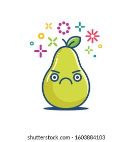 Grumpy pear fruit kawaii emoticon cartoon illustration isolated on white