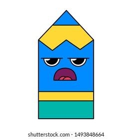 Grumpy pencil emoticon cartoon illustration. Confused, tired emoji. Social media outline sticker