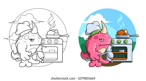 Grumpy pink monster is cooking dinner. Two versions. Coloring book page with example. Vector EPS10