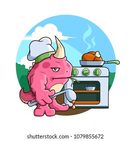 Grumpy pink monster is cooking dinner. Colored Illustration