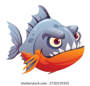 Grumpy piranha fish mascot showing sharp teeth with skeptical look. Vector cartoon character illustration