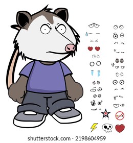 grumpy possum character cartoon kawaii expressions set pack in vector format