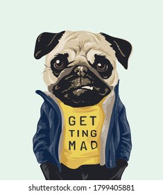 grumpy pug dog in blue jacket illustration