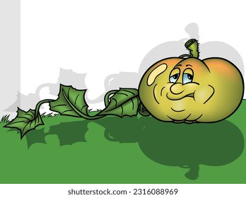 Grumpy Pumpkin with a Face and a Long Green Stem with Leaves - Colored Cartoon Illustration with Background, Vector