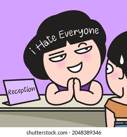Grumpy Receptionist Boring From Talking With Guest At Reception Desk Concept Card Character illustration