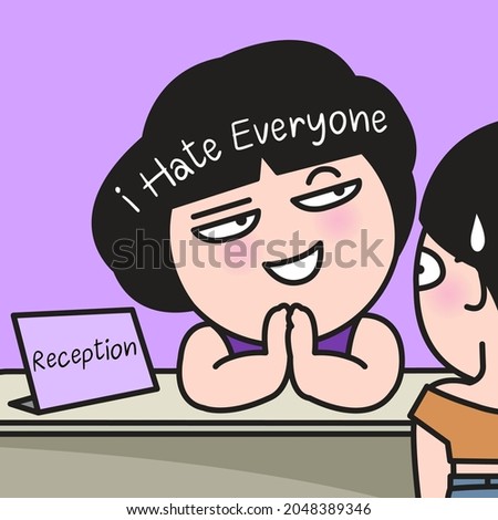Grumpy Receptionist Boring From Talking With Guest At Reception Desk Concept Card Character illustration