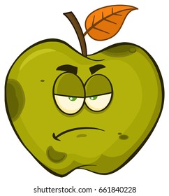 Grumpy Rotten Green Apple Fruit Cartoon Mascot Character. Vector Illustration Isolated On White Background