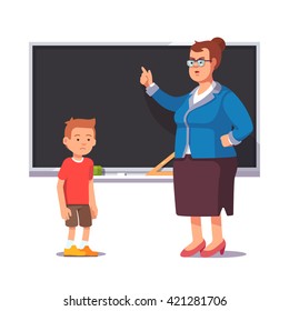 Grumpy school teacher reprimands guilty sad and bad pupil boy not learned his homework lesson. Flat style color modern vector illustration.