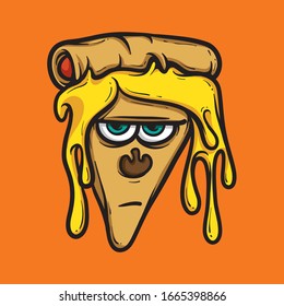 Grumpy sliced pizza character with melting cheese and mushroom topping. Food vector concept illustration