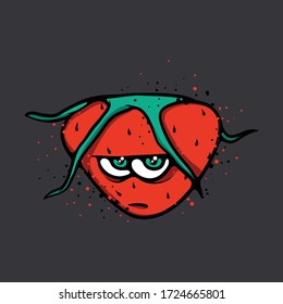 Grumpy strawberry character. Fresh red fruit vector concept. Angry face, cynical expression. Illustration isolated on dark background