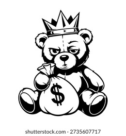 A grumpy teddy bear wearing a crown and clutching a bag of money, depicted in a bold black and white vector style.