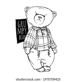 Grumpy Toy Teddy bear in plaid clothes. Humor textile composition, hand drawn style print. Vector illustration.