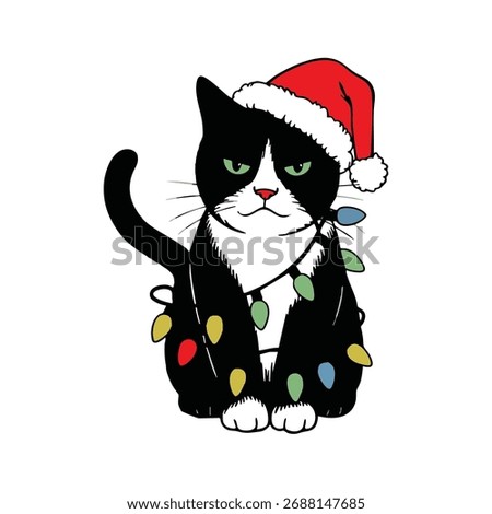 Grumpy Tuxedo Cat Wearing a Santa Hat and Christmas Lights, Cat Wearing a Santa Hat