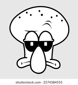 Grumpy and unimpressed cartoon squid character with sunglasses in a bold black-and-white vector style. Perfect for humor, memes, stickers, logos, mascots, and creative designs