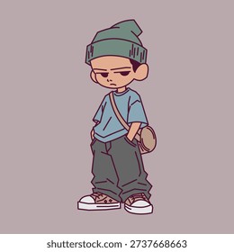 The grumpy urban kid a minimalist cartoon illustration of mood and streetwear style
