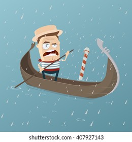 grumpy venetian gondolier in rainy weather