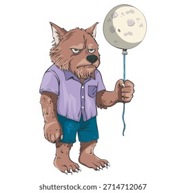Dibujos animados de hombre lobo gruñón sosteniendo globo de luna en camisa púrpura casual y pantalones cortos, fiesta de Halloween al aire libre