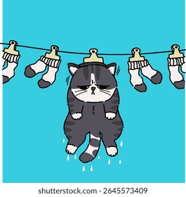 Grumpy wet cat hanging to dry cartoon illustration 