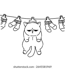 Grumpy wet cat hanging to dry line art outline illustration 