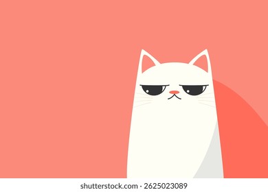 Grumpy white cat on pink background, cute vector art minimalist illustration