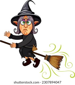 A grumpy witch cartoon character riding broom illustration