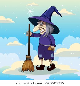 Grumpy witch on the sky holding bloom illustration